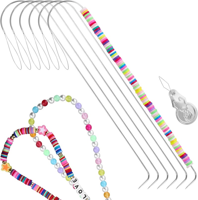 Aster 6 PCS Large Eye Curved Beading Needles with 1pc Bead Needle Threader, 5.3 Inch Flexible Beading Needle for Bead Spinner, Bead Needles for DIY Beading Jewelry Making Crafts - Image 1